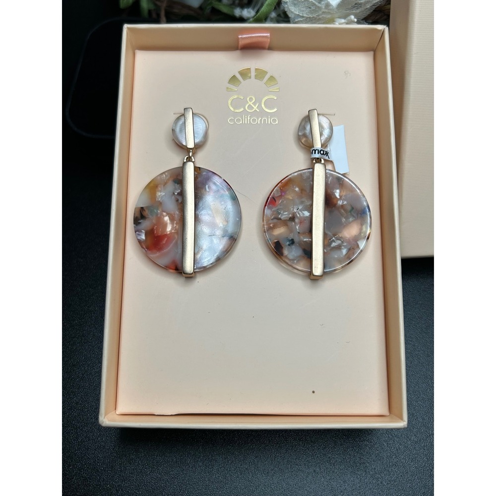 C&C California Statement Earrings Acrylic Disc Gold Tone Geometric Dangle‎ Boho